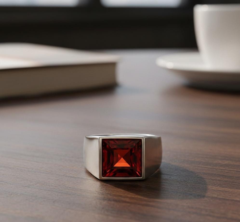 Garnet Sterling Silver Mens Signet Ring, Square Cut Cabochon (12x12mm)