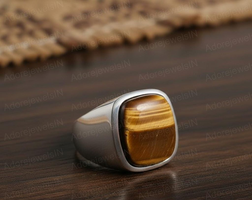 Mens Sterling Silver Brown Tiger eye Ring, Greek Design, Oval 12x16mm