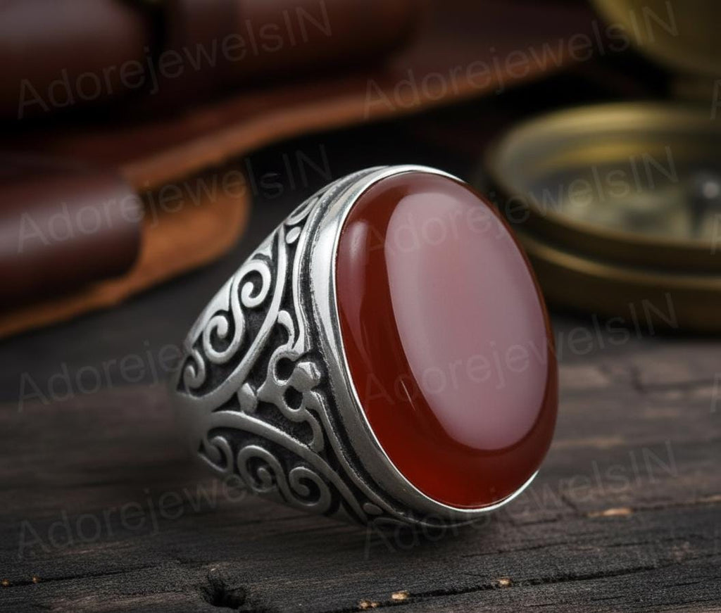 Mens Floral Sterling Silver Signet Ring, Carnelian Gemstone (12x16mm)