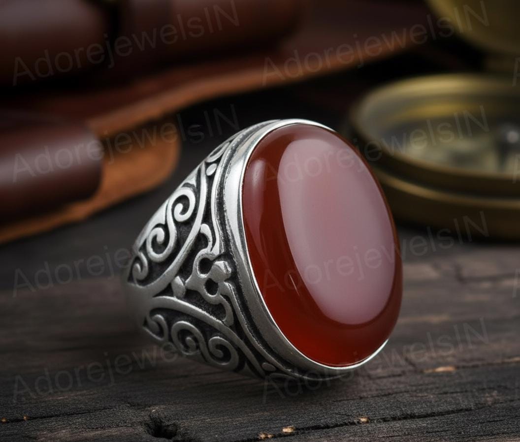 Mens Floral Sterling Silver Signet Ring, Carnelian Gemstone (12x16mm)