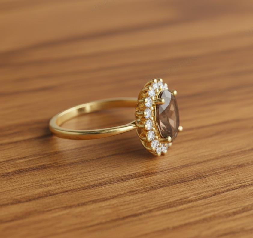 Natural Smoky Quartz Oval Ring, 925 sterling silver, Prong Setting (8x10mm)