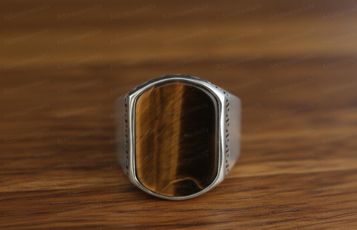 Yellow Tiger Eye Sterling Silver Signet Ring, Greek Ottoman Style