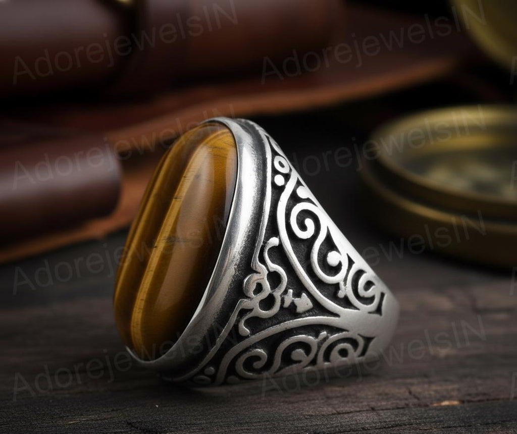 Mens Floral Sterling Silver Ring, Oval Tiger eye (12x16mm)