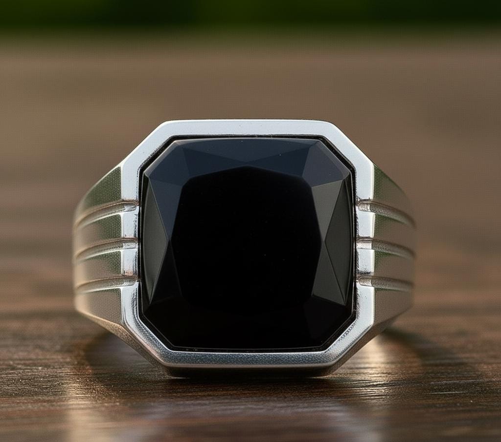 Black Onyx Signet Ring, Sterling Silver Cushion Cut Mens Ring