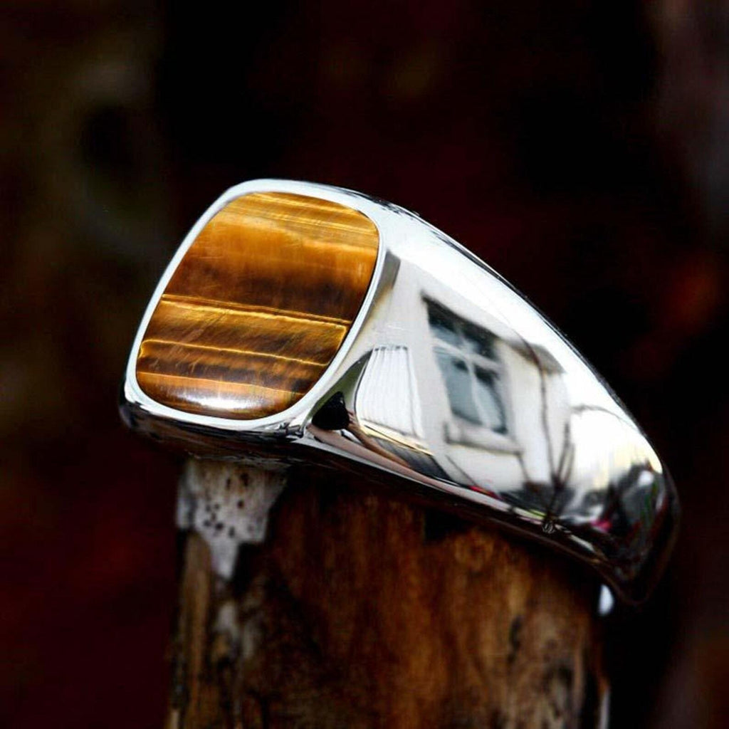 Sterling Silver Signet Ring, Natural Yellow Tiger Eye, Mens Heavy Ring