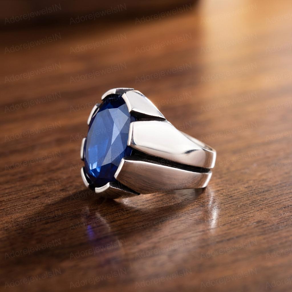 Solid 925 Sterling Silver Mens Ring, Blue Sapphire Hydro Mens Ring, Oval Brilliant Cut, Sapphire Mens Ring, Sapphire Signet Ring