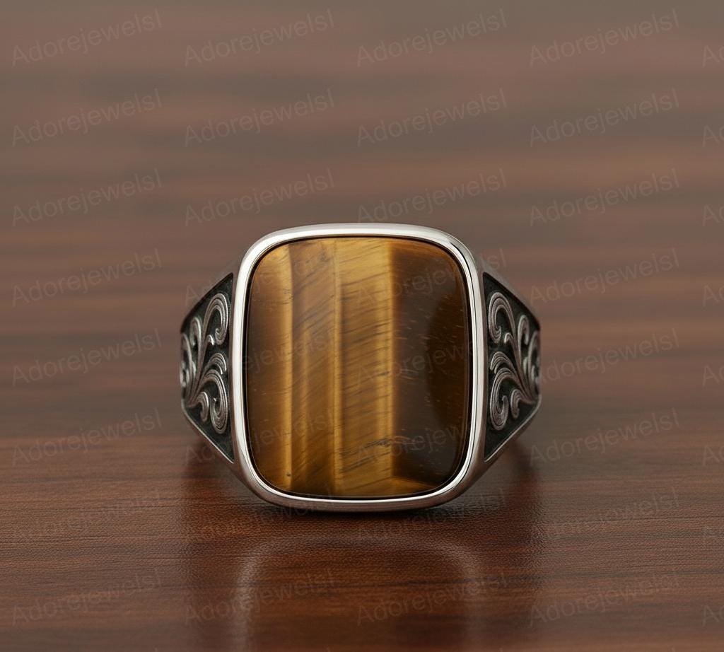 Sterling Silver Signet Ring, Natural Tiger Eye, Floral Band