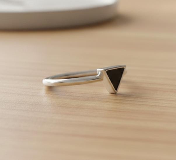 Sterling Silver Signet Ring, Black Onyx Triangle, Minimalist Band