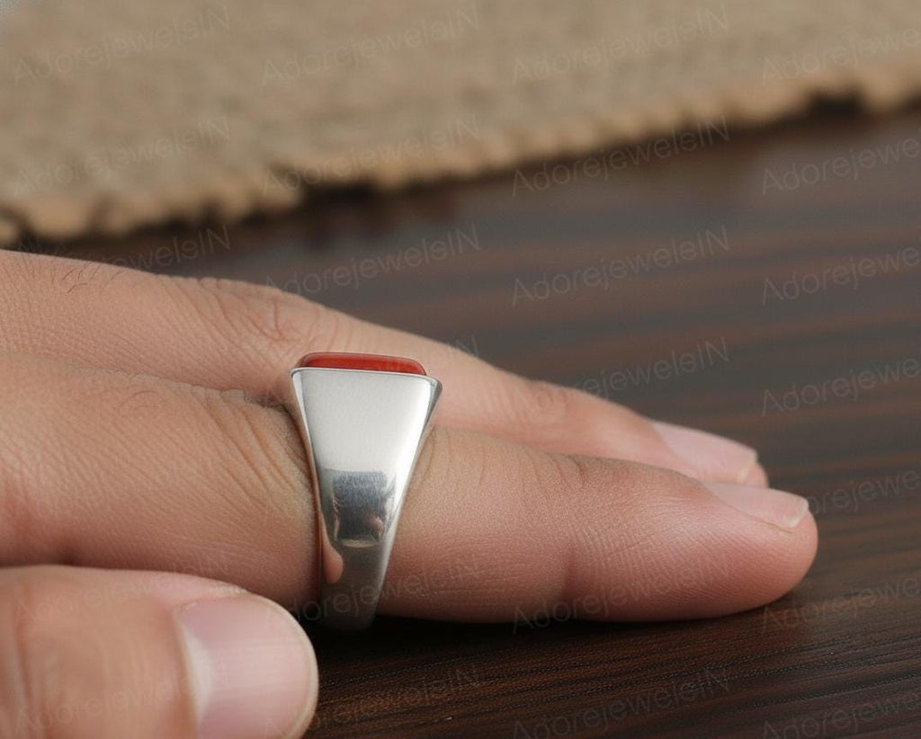 Mens Sterling Silver Red Coral Ring, Greek Design, Oval 12x16mm