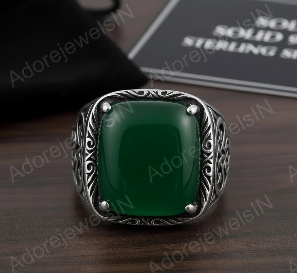 Green Onyx Octagon Sterling Silver Signet Ring, Turkish Mens Ring