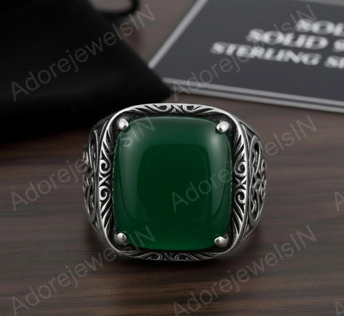 Green Onyx Octagon Sterling Silver Signet Ring, Turkish Mens Ring