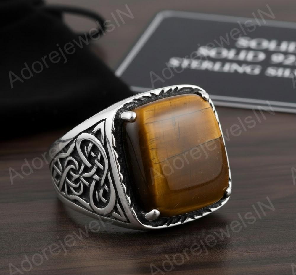 Tiger Eye Octagon Sterling Silver Signet Ring, Turkish Mens Ring