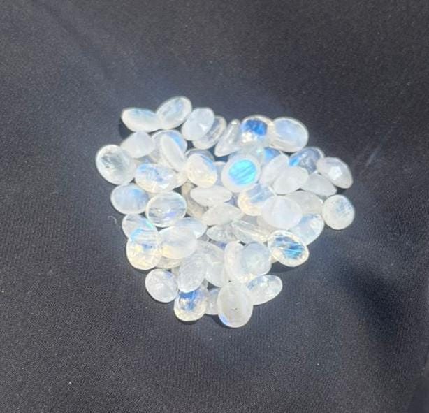 Natural Rainbow Moonstone Oval Cabochons, Blue Fire Gemstones for Jewelry Making (65 Pieces)