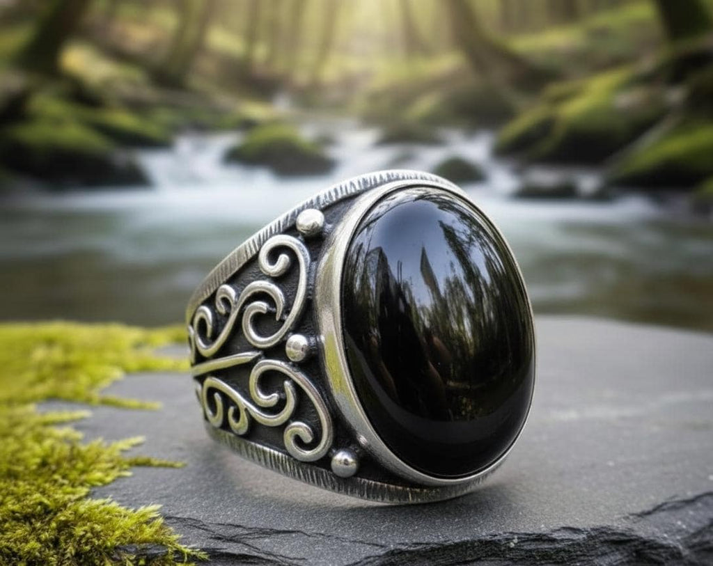Oxidized Sterling Silver Signet Ring, Black Onyx, Vintage Floral Mens Ring