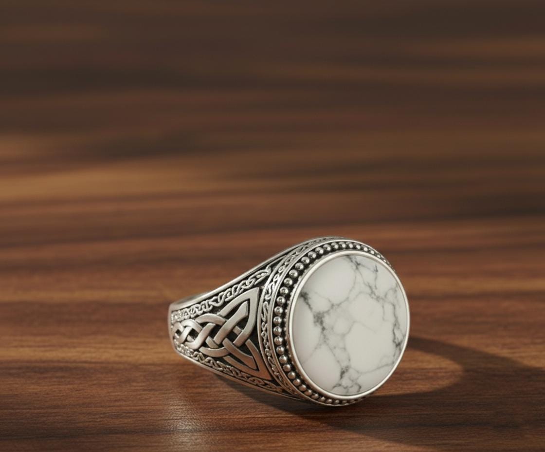 Oxidized Sterling Silver Signet Ring, Natural Howlite, Floral Band