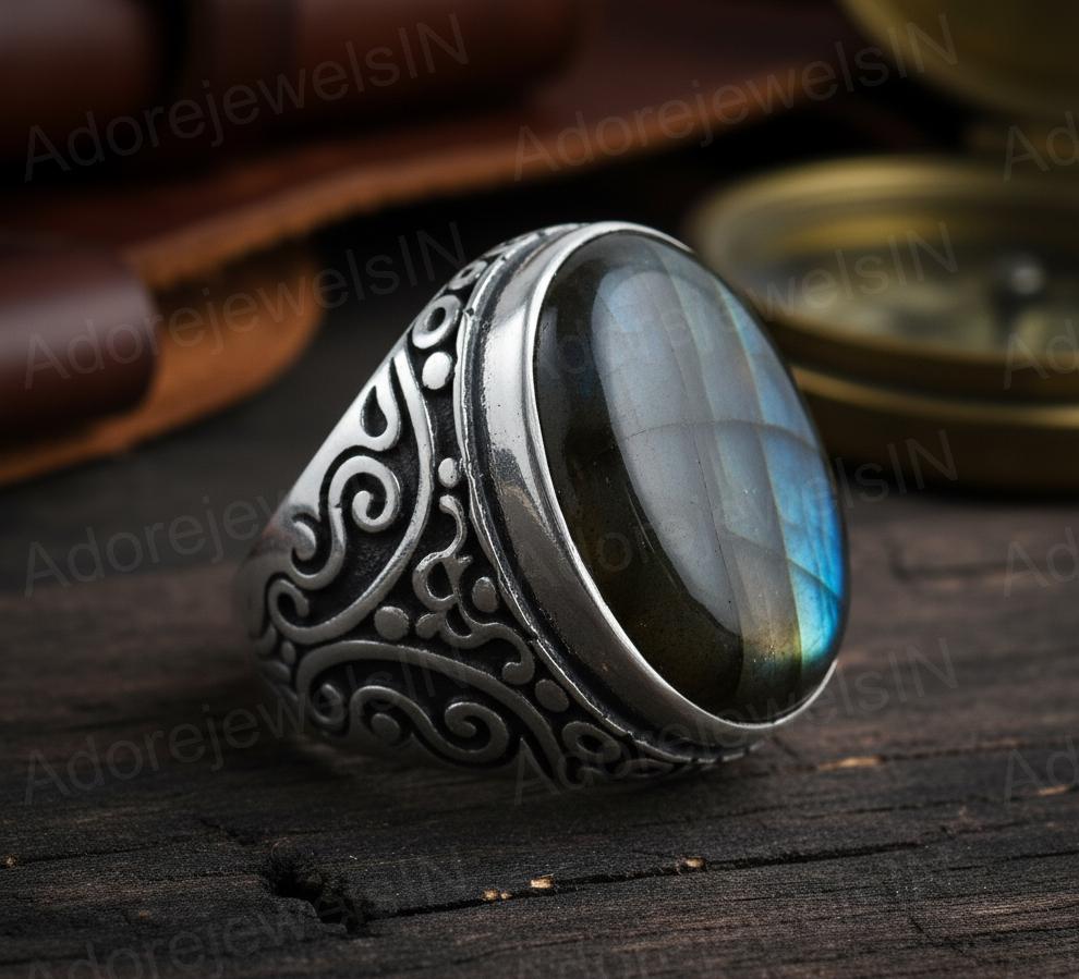 Mens Floral Sterling Silver Ring, Oval Labradorite (12x16mm)