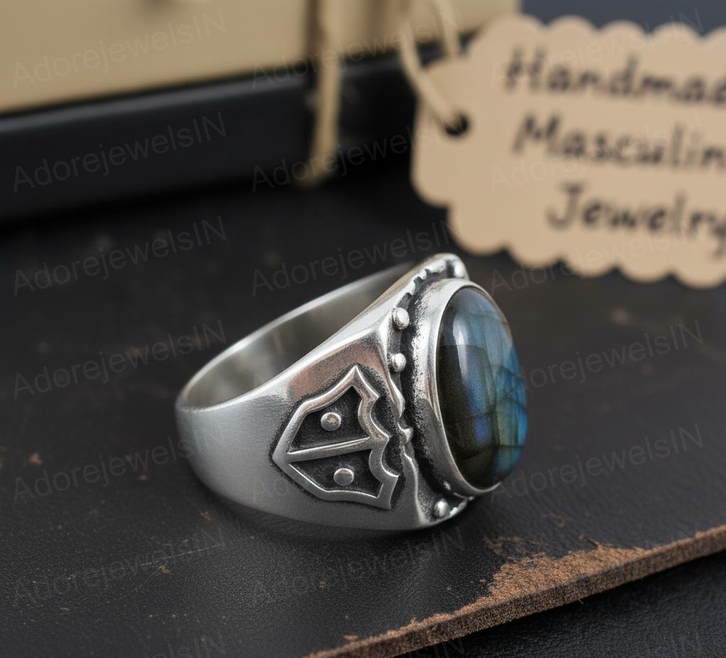 Mens Sterling Silver Labradorite Ring, Greek Design, Oval 12x16mm