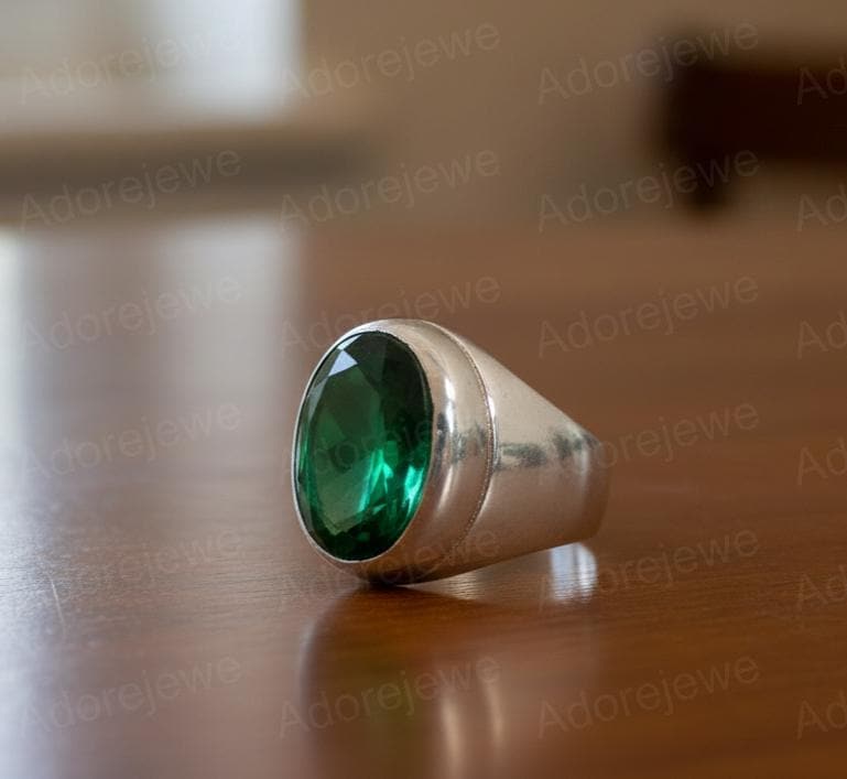 Emerald Sterling Silver Signet Ring, Oval Stone (12x16mm)