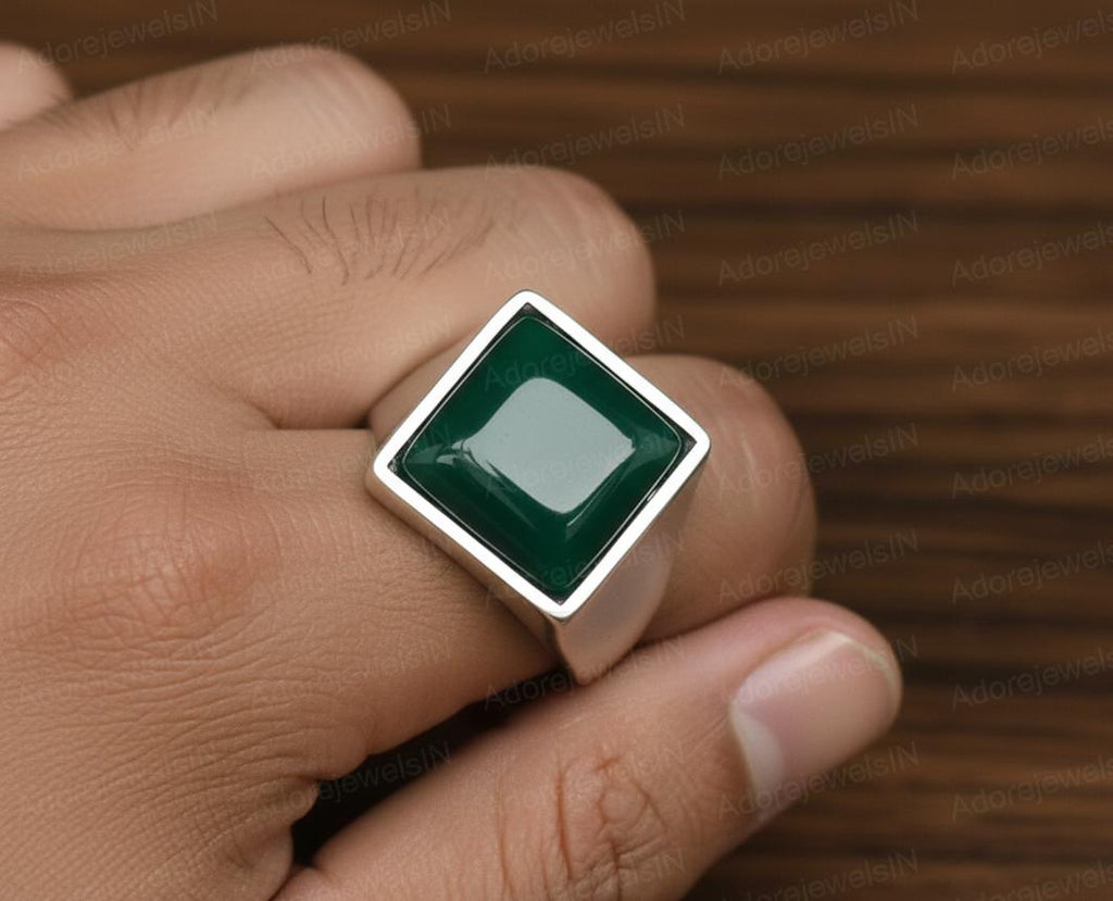 Sterling Silver Green Onyx Ring, Ottoman Mens Ring
