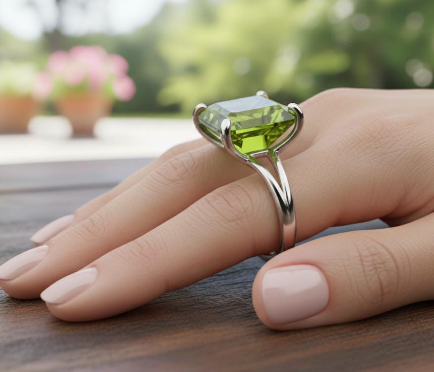 Sterling Silver Peridot Ring, Square Faceted Gemstone, Anniversary Gift