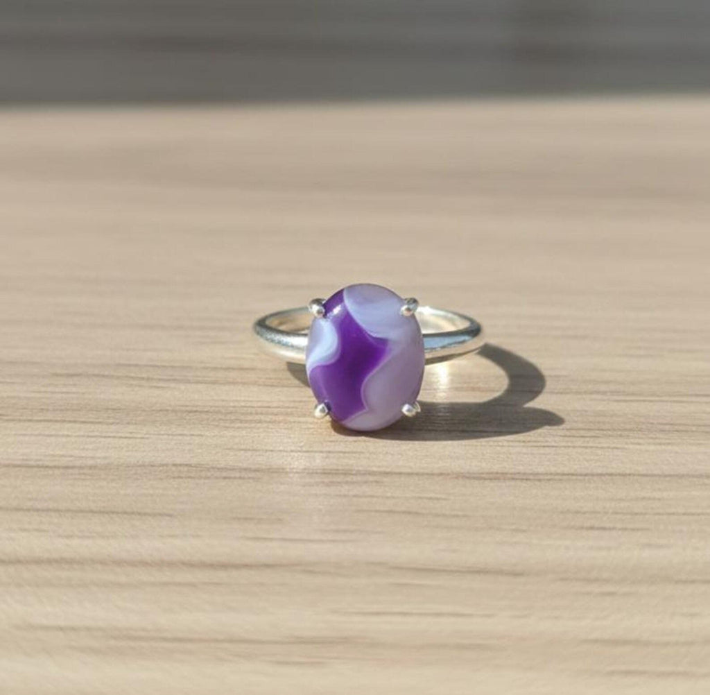 Purple Slice Agate Ring, Oval Cabochon, Sterling Silver (13x15mm)