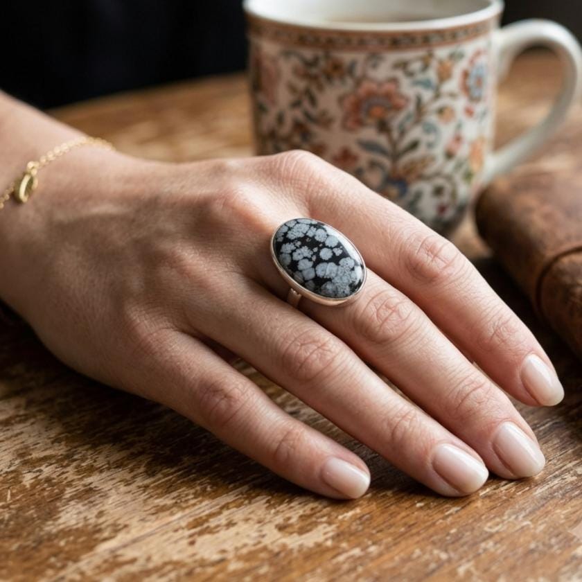 Handmade Snowflake Obsidian Ring, Sterling Silver Bezel Setting, Cushion Gemstone Jewelry