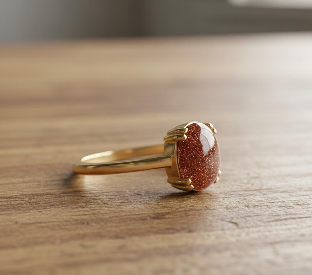 925 sterling silver Gold Sunstone Ring, Oval Double Prong Setting, Orange Gemstone Jewelry
