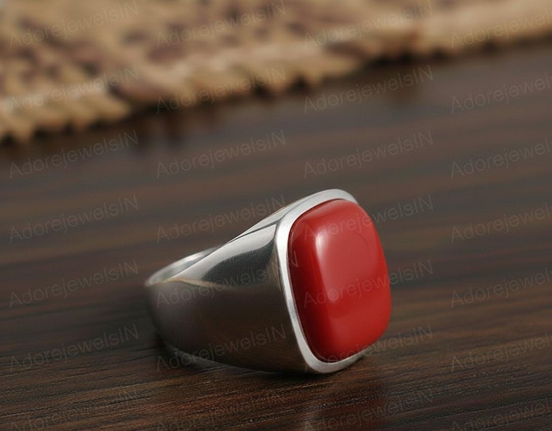 Mens Sterling Silver Red Coral Ring, Greek Design, Oval 12x16mm