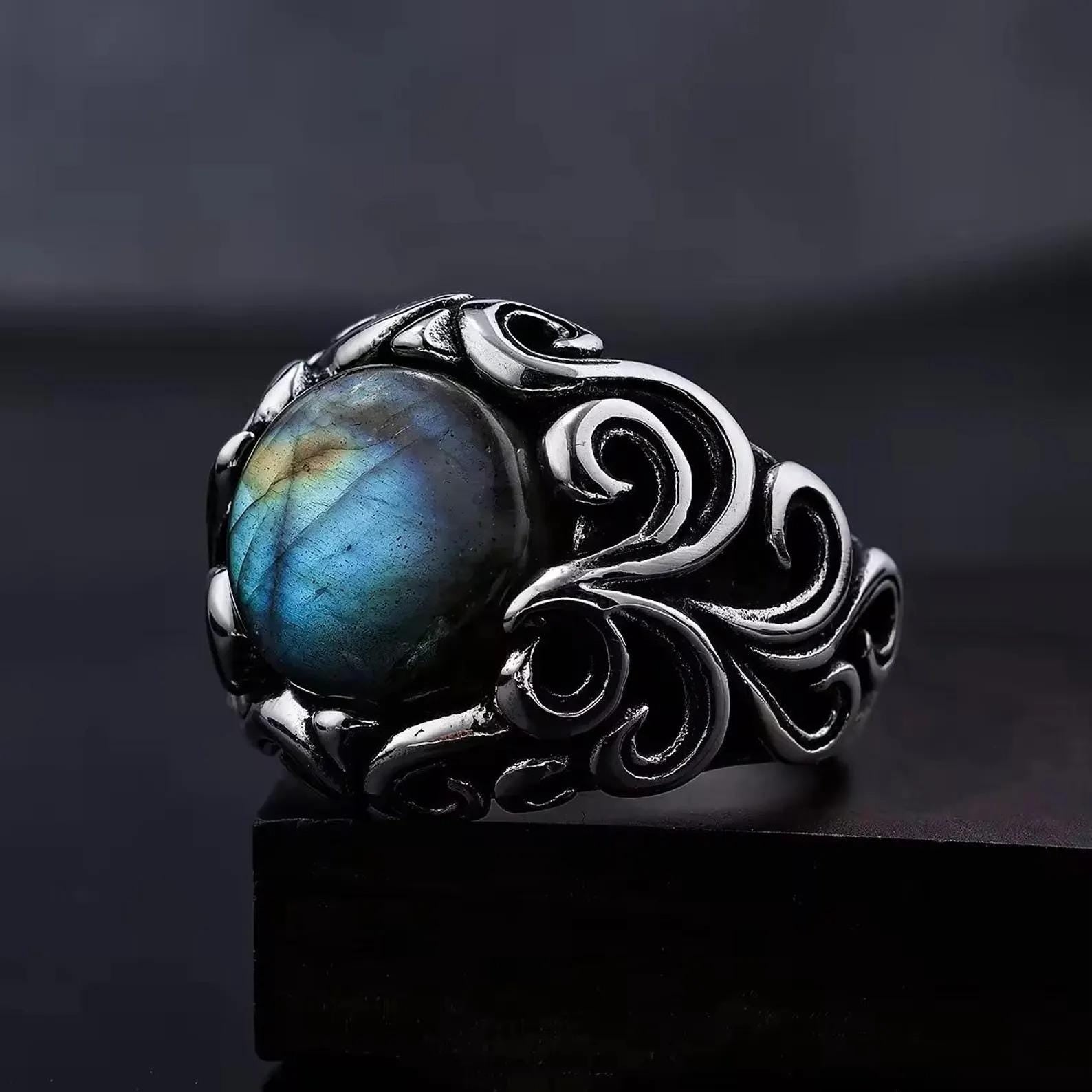 Floral Sterling Silver Labradorite Signet Ring, Mens Heavy Ring (12mm)