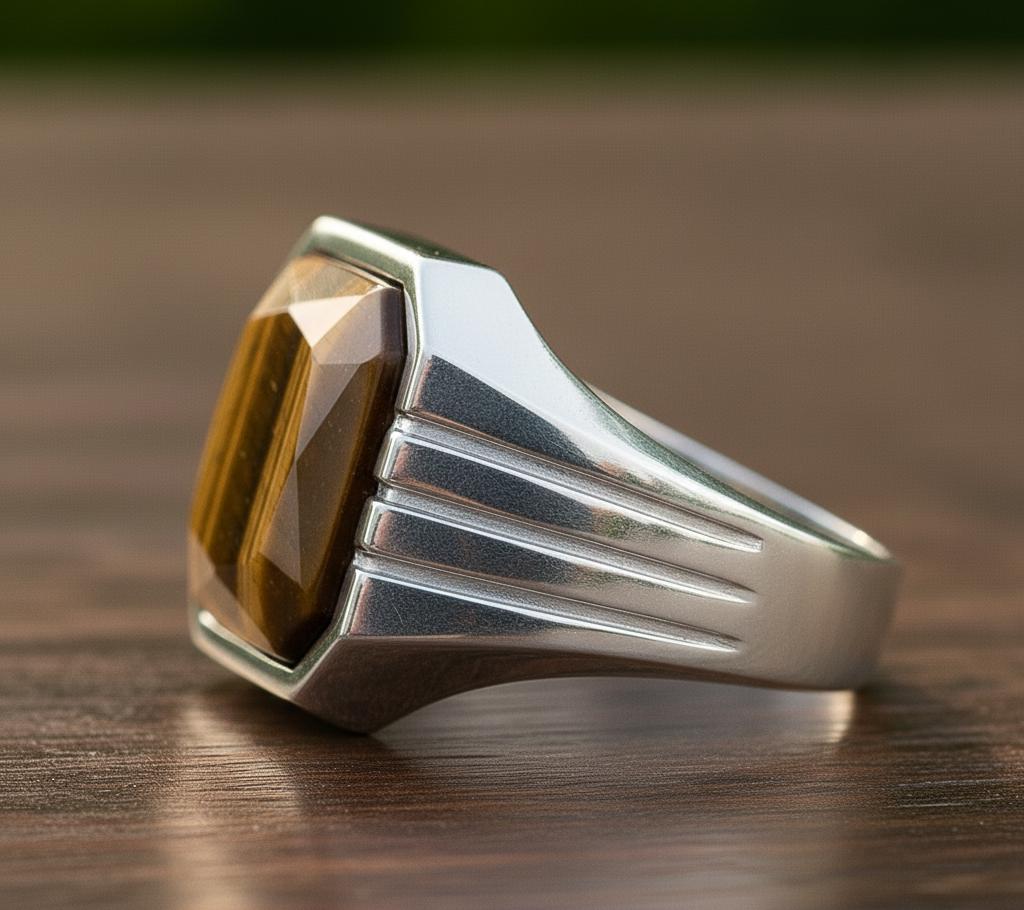 Sterling Silver Signet Ring, Natural Yellow Tiger Eye, Mens Heavy Ring, Faceted Cut Gemstone