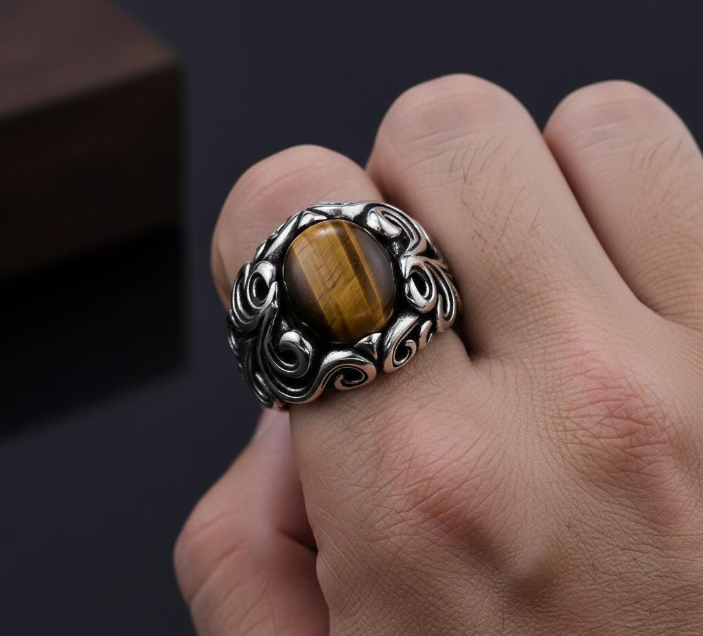 Oxidized Sterling Silver Signet Ring, Yellow Tiger Eye, Floral Design