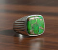 Sterling Silver Mens Ring, Green Copper Turquoise Gemstone, Ottoman Style