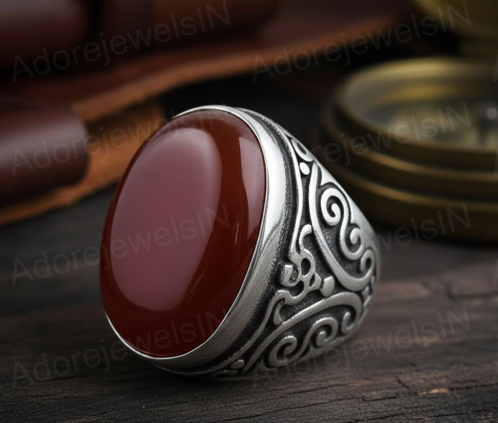 Mens Floral Sterling Silver Signet Ring, Carnelian Gemstone (12x16mm)