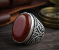 Mens Floral Sterling Silver Signet Ring, Carnelian Gemstone (12x16mm)