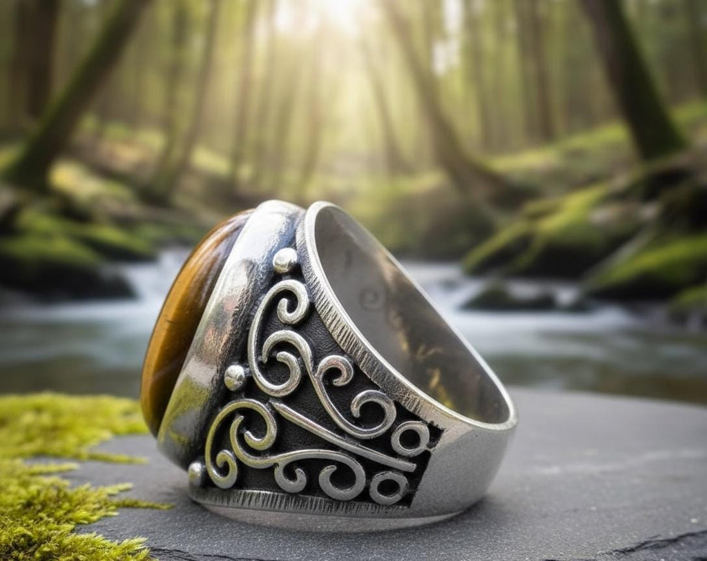 Oxidized Sterling Silver Signet Ring, Natural Tiger Eye, Floral Band