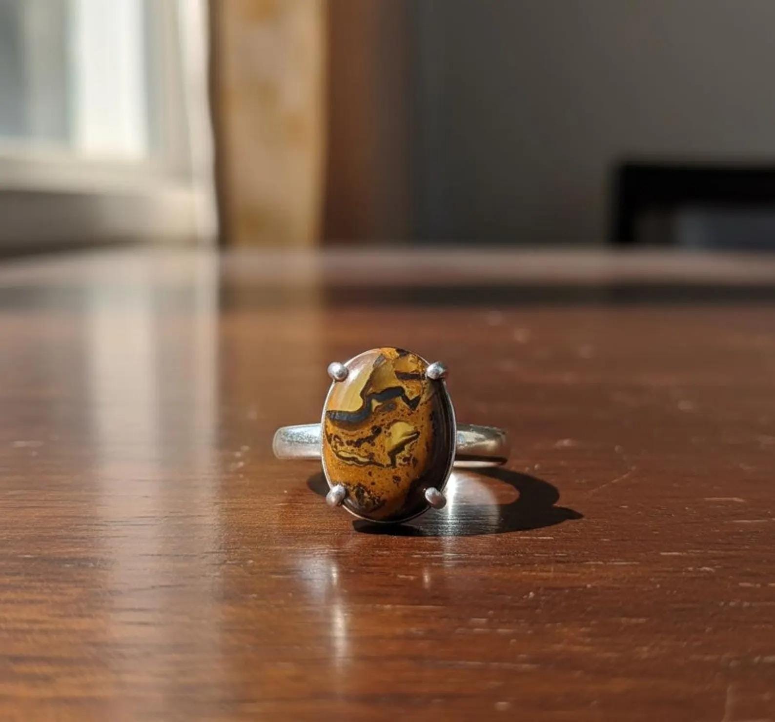 Sterling Silver Signet Ring, Natural Yellow Tiger Eye (12x16mm), Mens Heavy Ring
