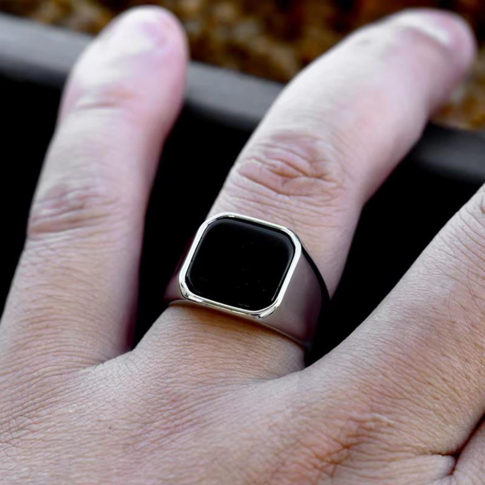 Black Onyx Signet Ring, 925 Sterling Silver, Mens Cushion Ring