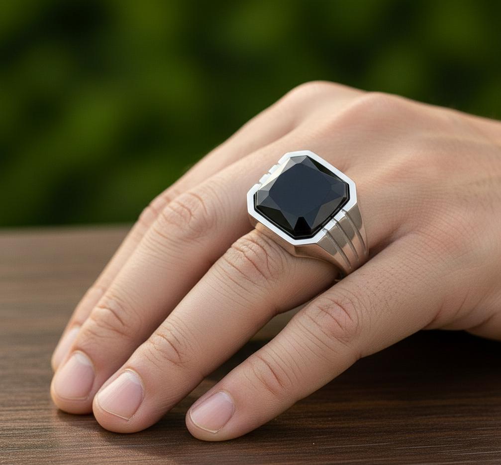 Black Onyx Signet Ring, Sterling Silver Cushion Cut Mens Ring