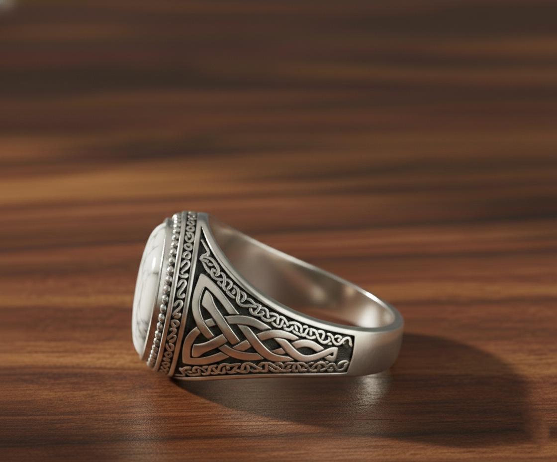 Oxidized Sterling Silver Signet Ring, Natural Howlite, Floral Band