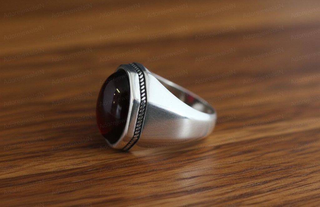 Garnet Sterling Silver Mens Signet Ring, Oval Cabochon (12x16mm)