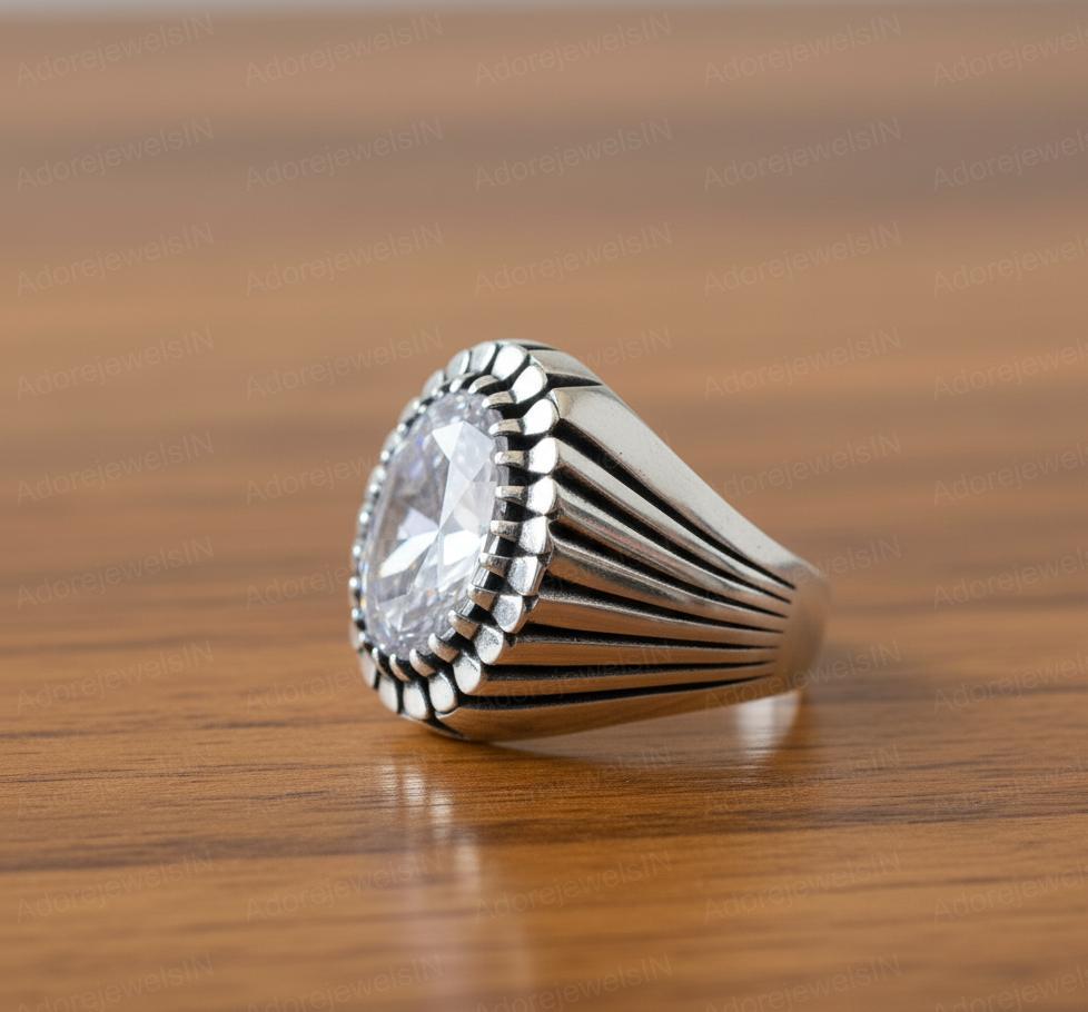 White Topaz Ottoman Signet Ring, Solid Sterling Silver Mens Ring