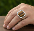 Sterling Silver Signet Ring, Natural Yellow Tiger Eye, Mens Heavy Ring, Faceted Cut Gemstone