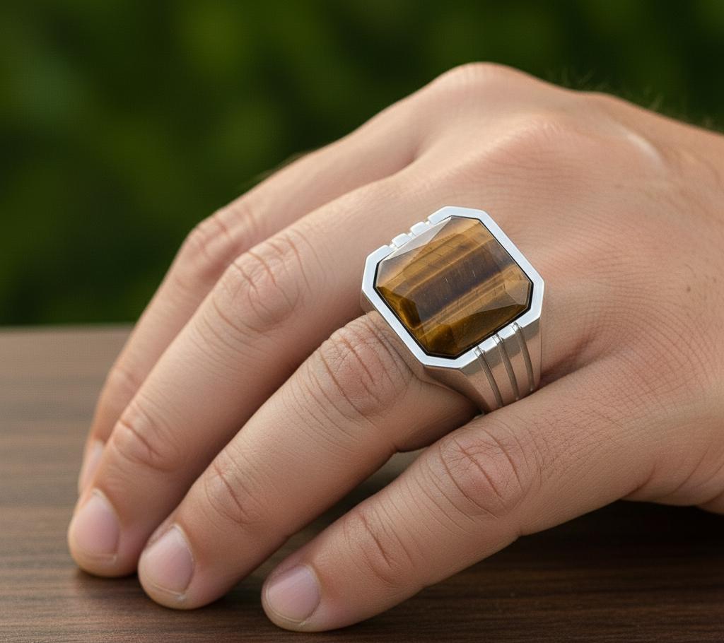 Sterling Silver Signet Ring, Natural Yellow Tiger Eye, Mens Heavy Ring, Faceted Cut Gemstone