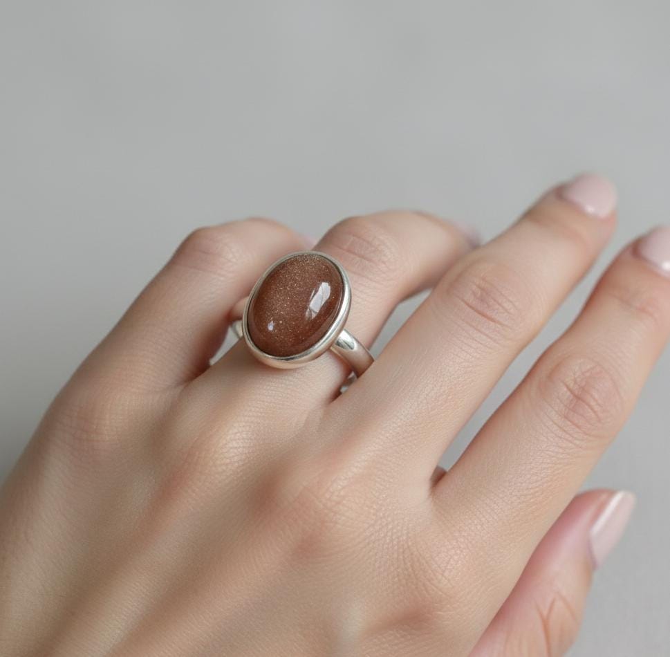 Oval Sunstone Sterling Silver Ring, Bezel Setting (12x16mm)