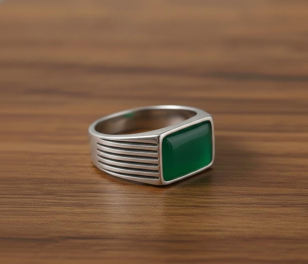 Oxidized Sterling Silver Signet Ring, Green Onyx, Vintage Style