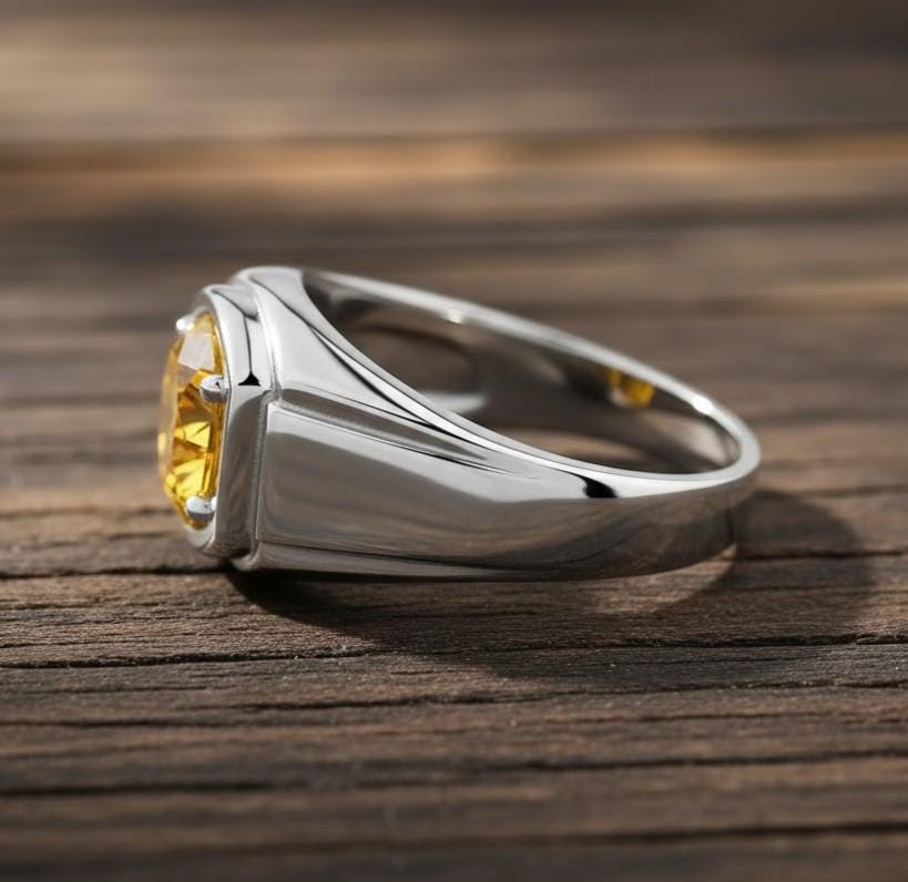 Round Citrine Ring, 925 Sterling Silver, Husband Gift