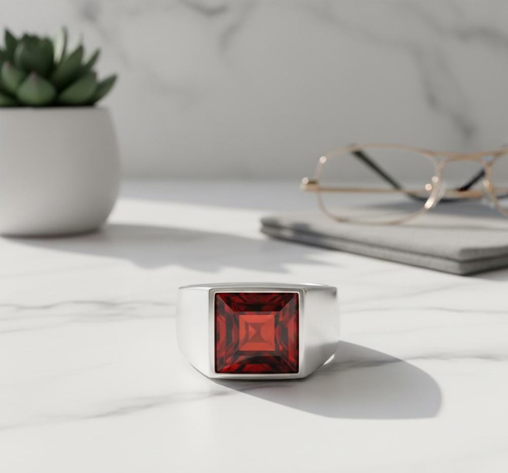 Garnet Sterling Silver Mens Signet Ring, Square Cut Cabochon (12x12mm)