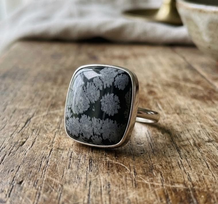 Handmade Snowflake Obsidian Ring, Sterling Silver Bezel Setting, Cushion Gemstone Jewelry