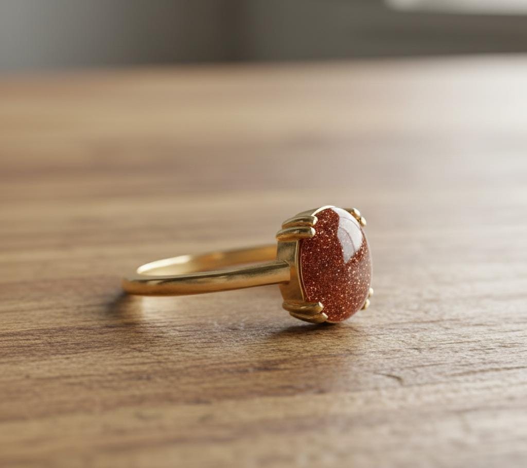 925 sterling silver Gold Sunstone Ring, Oval Double Prong Setting, Orange Gemstone Jewelry