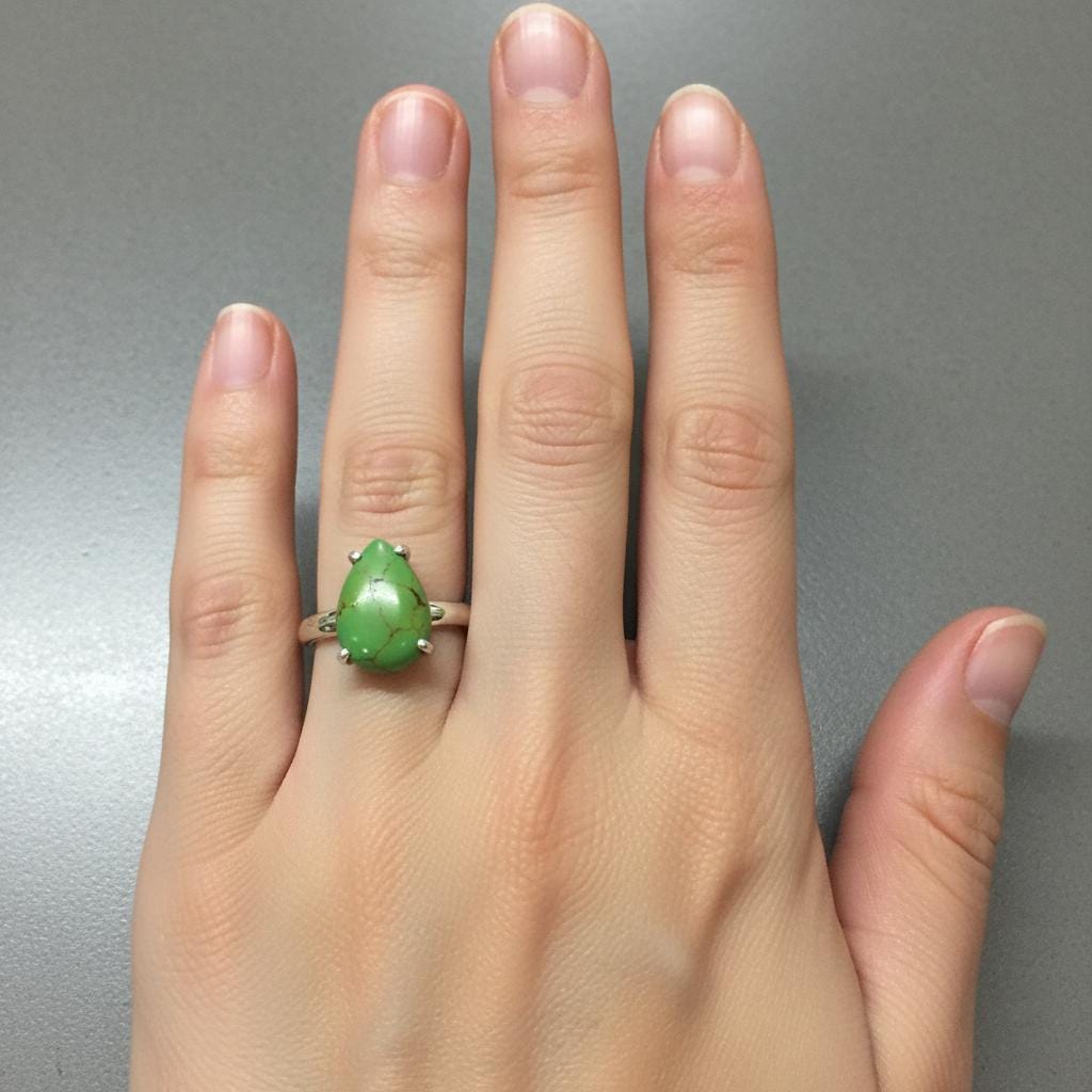 Sterling Silver Green Turquoise Ring, Pear Cabochon, Bezel Setting